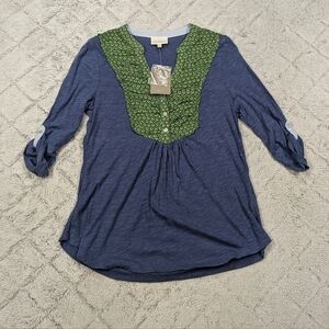 Anthropologie Deletta Shirt Women's XS Blue Green Floral Ruffle Peasant Prairie